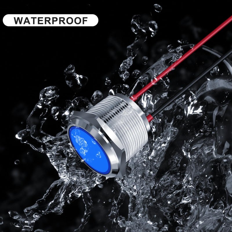FICOLPO 5 قطع ضوء مؤشر معدني LED مقاوم للماء، 12-24 فولت، ثقب تركيب بقطر 0.87 بوصة، ضوء إشارة طيار موصل مسبقًا للسيارات والشاحنات والقوارب والبحرية والعدادات والكهرباء الصناعية (أزرق، 22 مم) - Image 2